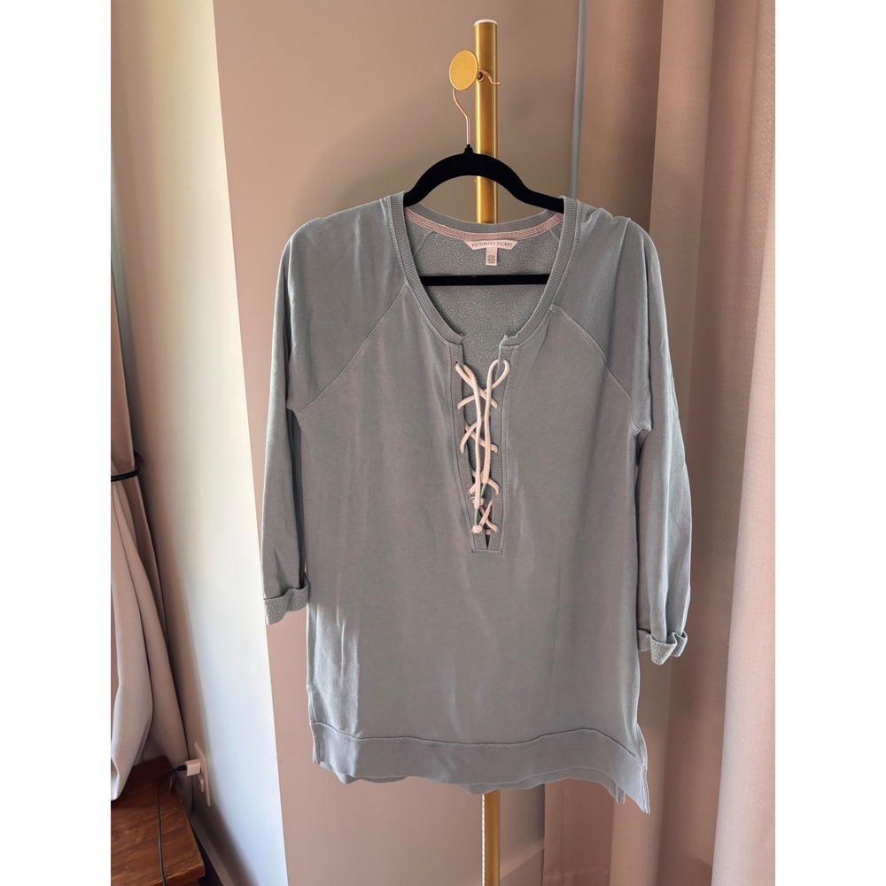 Victoria's Secret Lace Up V-Neck Tunic Sweatshirt Dusty Blue Angel Wing Medium